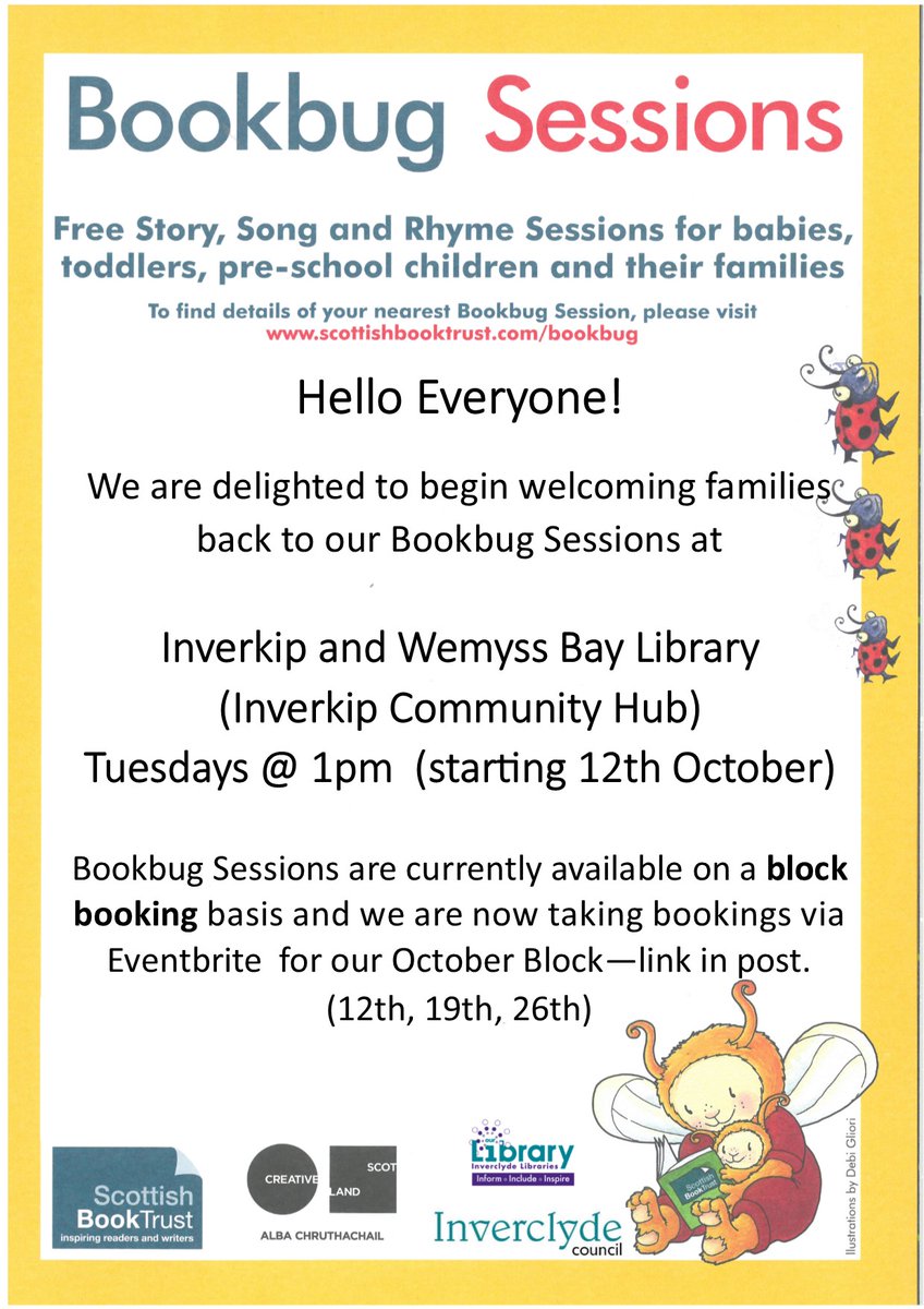 InverclydeLibs's tweet image. 𝐁𝐨𝐨𝐤𝐛𝐮𝐠 𝐀𝐧𝐧𝐨𝐮𝐧𝐜𝐞𝐦𝐞𝐧𝐭!

We are delighted to begin welcoming families back to our Bookbug Sessions at 𝐈𝐧𝐯𝐞𝐫𝐤𝐢𝐩 &amp;amp; 𝐖𝐞𝐦𝐲𝐬𝐬 𝐁𝐚𝐲 𝐋𝐢𝐛𝐫𝐚𝐫𝐲 (Inverkip Community Hub) from Tuesday 12th October! 🎶📚

#BookbugWithInverclydeLibraries #BookbugSessions