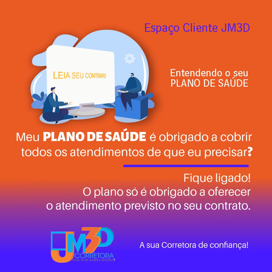 O plano só é obrigado a oferecer as consultas, exames e tratamentos previstos no contrato. O mínimo que precisa ser oferecido pelo plano no contrato é estabelecido pela ANS .
.
Fonte:  ANS.
.
JM3D CORRETORA
 📞31 - 3234-7370
📲31 - 98330-7409 - wpp
🌐jm3dcorretora.com.br