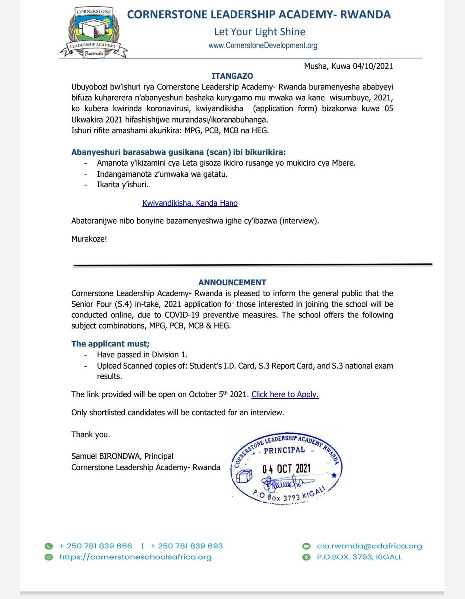 To those Who want To Apply to Cornerstone Leadership Academy! Read below Announcement and use Below Link To Apply. 

bit.ly/38qoJaA

#CLAApplication