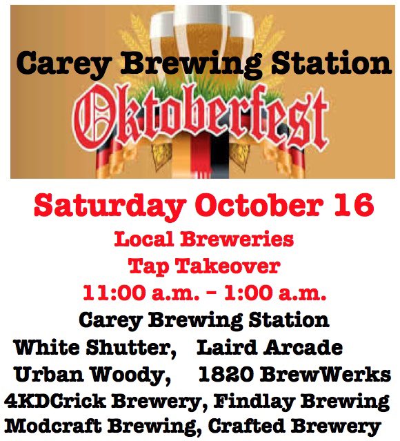 CareyBrewing's tweet photo. Reminder that The Carey Brewing Station’s 1st Oktoberfest and Parking Lot Party is approaching soon on Saturday October 16. No need for tickets for our Taproom for the Oktoberfest, but Presale Parking Lot Party Tickets are $15! Great Local beer, 3 great bands, and food available. https://t.co/KAS6l9f875