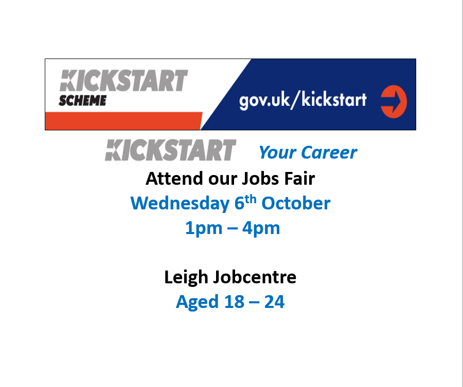 Leigh JCP are holding a #kickstart Jobs Fair on Wednesday 6th October for 18 - 24 customers.

📍An opportunity to meet with Employers who are looking for people like you!
🗣️Please speak with your Work Coach to be invited to the event. 
Eligibility (18-24 &amp; In receipt of UC)
