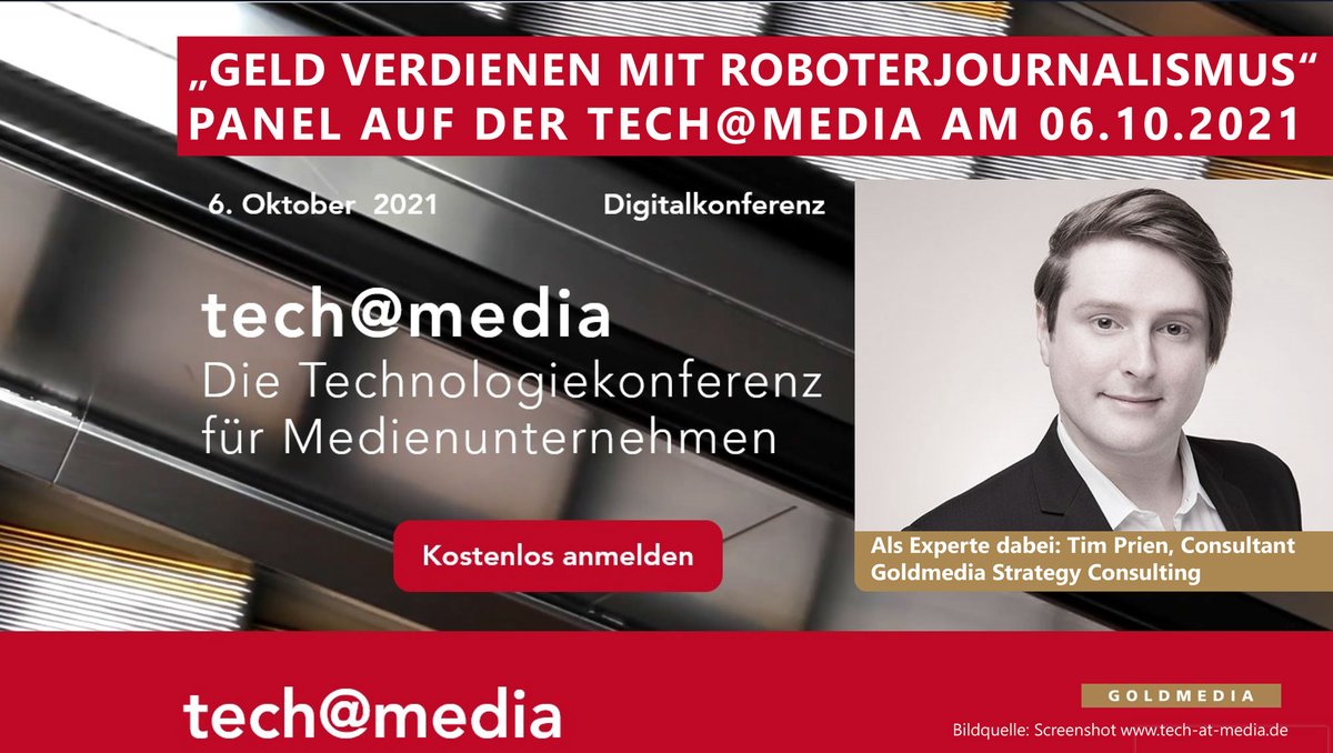 GOLDMEDIA's tweet image. Geld verdienen mit #Roboterjournalismus? Morgen (06.10.) bei der #Digitalkonferenz &quot;tech@media&quot; als Experte für #KI-basierte #Sprachmodelle dabei: Goldmedia-Consultant @tim_prien Veranstalter: Digital Publishing Report @steffenmeier . Kostenlos anmelden: tech-at-media.de