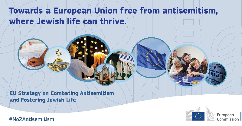 EU_Commission's tweet photo. Today, we are presenting our first-ever EU Strategy on combating antisemitism and fostering Jewish life.  

As part of the EU’s work tackling racism and with antisemitism worryingly on the rise, we are determined to put an end to it.  

#No2Antisemitism