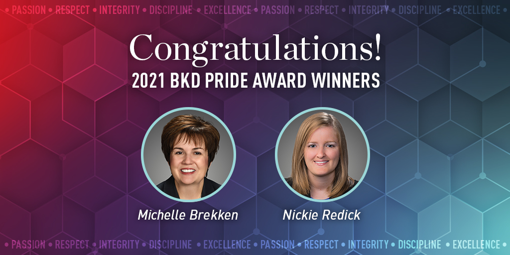ForvisMazarsUS's tweet photo. Congratulations to our 2021 PRIDE Award winners Michelle Brekken & Nickie Redick! Our #BKDPRIDE award is the highest honor a #TrustedAdvisor can receive for providing #UnmatchClientService.
Learn more about this year’s winners: https://t.co/1eDDsNhPUN https://t.co/jJ9JXtwu4W