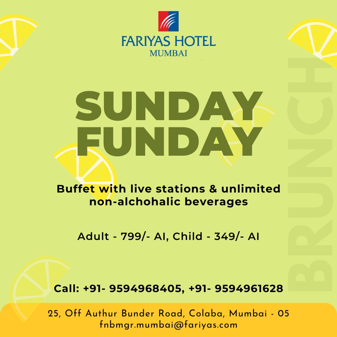 FariyasGroup's tweet photo. Seize the shortest day of the week.
#fariyas #sunday #sundayfunday #sundayspecial #SundayOffers #brunch #brunchideas https://t.co/XZaOBPNee5