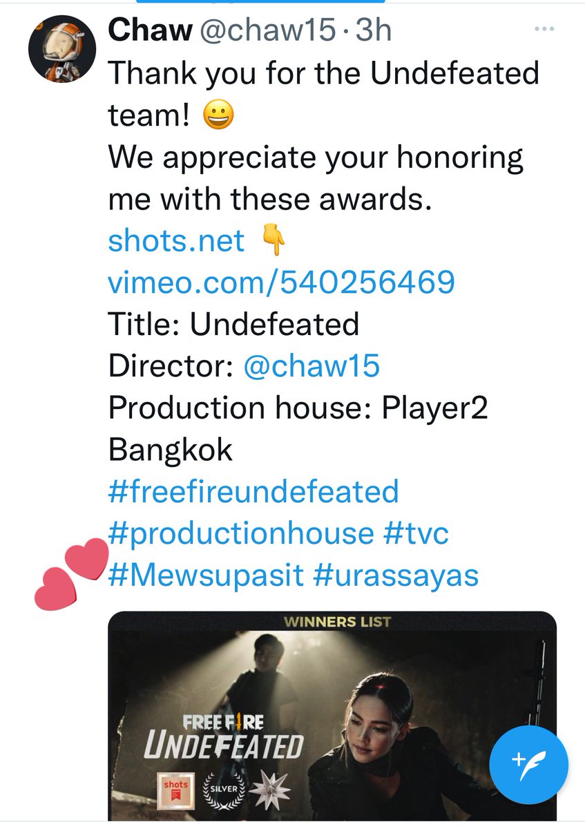 MoonPlanStudio's tweet photo. The announcement and check the director’s tag ☺️☺️☺️
#MewSuppasit
#freefireundefeated
@MSuppasit 🙏🏻 https://t.co/lKCsNKQcM5
