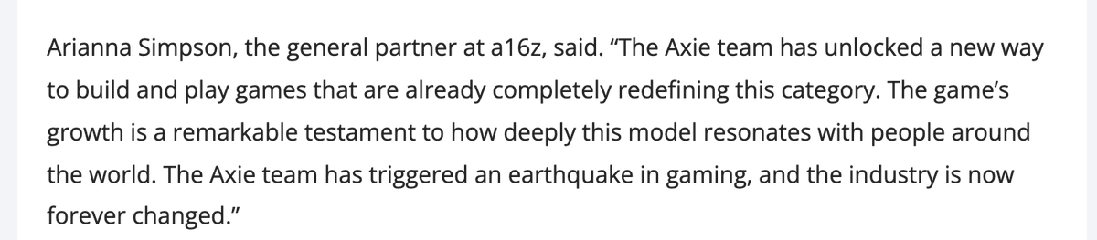 Jihoz_Axie's tweet photo. "The Axie team has triggered an earthquake in gaming, and the industry is now forever changed.”

Thank you @AriannaSimpson! https://t.co/ljlI0n5uOL
