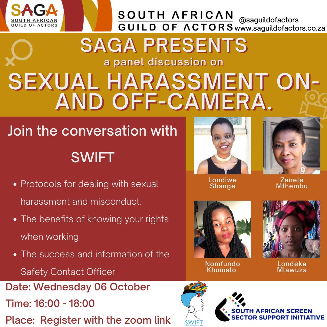 SAGA will be hosting <a href="/swiftsafrica/">SWIFT (Sisters Working in Film & TV)</a> in an industry discussion on sexual harassment on- and off-camera.
Join the conversation TOMORROW with the Zoom link provided.

Date: Wednesday 06 October
Time: 16:00 - 18:00
Place:  Register with the zoom link: here bit.ly/3mEQqTN