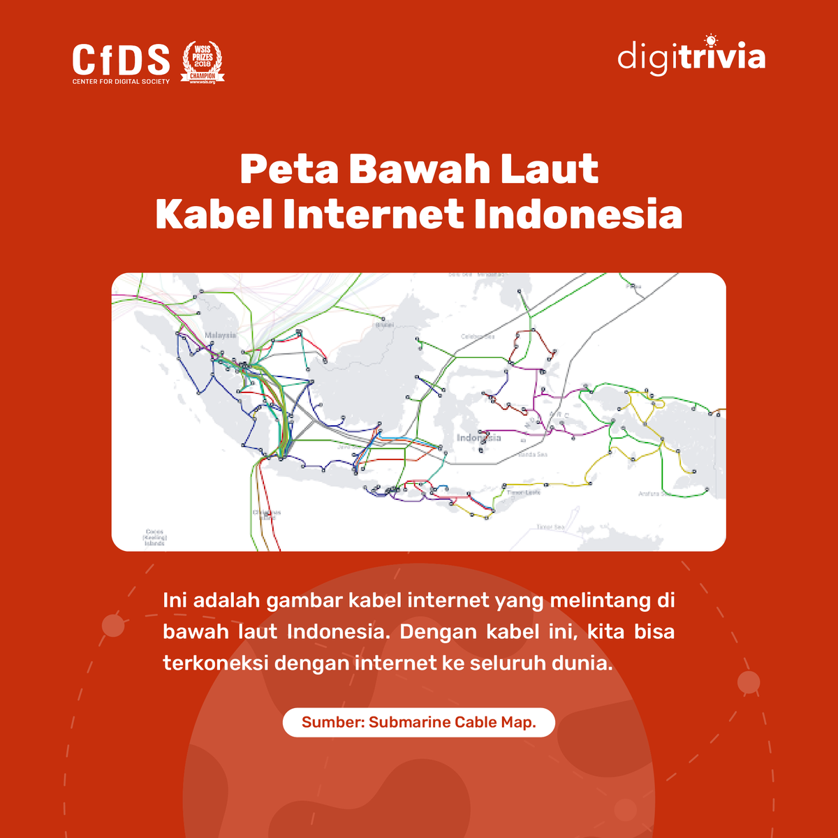 cfds_ugm's tweet photo. Tidak hanya mengandalkan kabel yang terpasang di menara atau tiang, kabel telekomunikasi yang terpasang di bawah laut juga berfungsi untuk menyambungkan trafik internet domestik maupun internasional.
Berikut peta bawah laut kabel internet Indonesia. #digitrivia https://t.co/6NEuIk4FKm