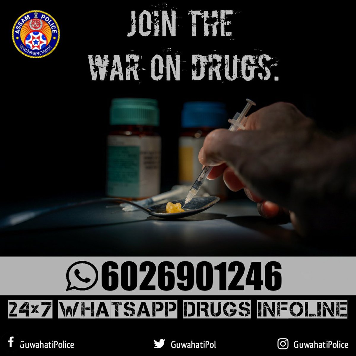 GuwahatiPol's tweet photo. Join the war on drugs. Let's end this menace together.
#WarOnDrugs #DrugsInfoline
@CMOfficeAssam @assampolice @DGPAssamPolice https://t.co/oLlaNPk1Ag