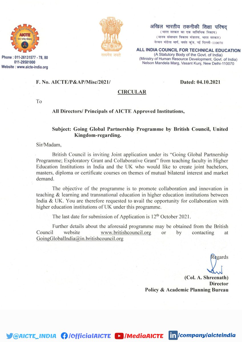 AICTE_INDIA's tweet photo. .@BritishCouncil is inviting Joint application under #GoingGlobalPartnership Programme; Exploratory Grant &amp; Collaborative Grant from #teaching faculty in HEIs in India &amp; the UK.

Last date for application:12th Oct,2021

👉https://t.co/QkacukstN3

@PIBHRD @inBritish @HEGoingGlobal https://t.co/uR4tCxoG7H