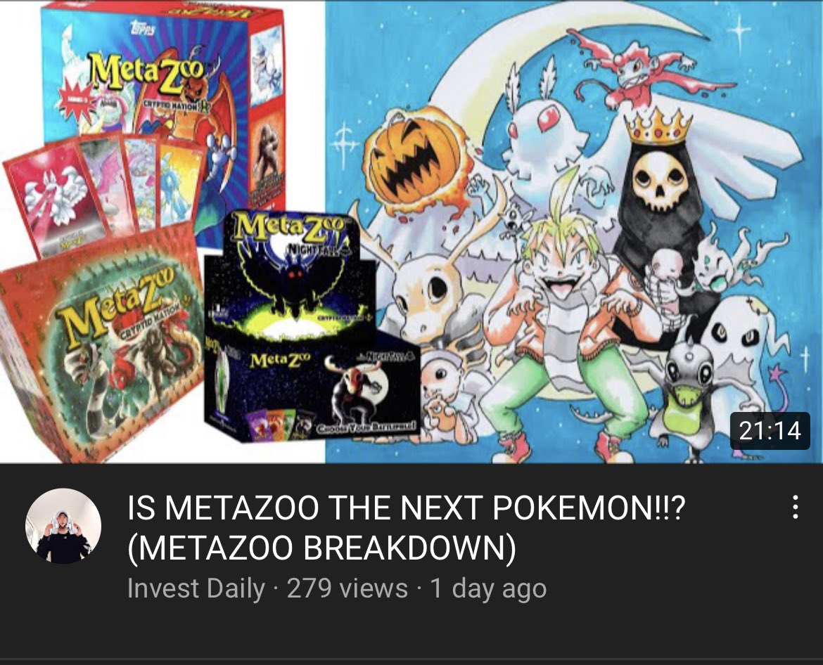 Invest_Daily21's tweet photo. METAZOO Breakdown! New video out NOW! Like and Subscribe 🙂🤙

https://t.co/tZ99AmudrR

#metazoo #tcg #pokemon #youtube #mothman #chaoscrystal #rudy https://t.co/T0MfCRiq5T