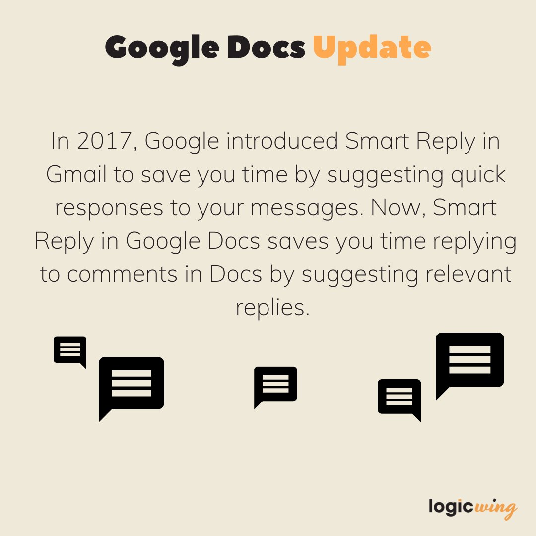 logicwing's tweet photo. Smart Reply in Gmail comes to Google Docs #GoogleWorkspace #LiveWorkLearn #LogicWingTips #GoogleAdmin #Teacher #Classroom #GoogleAdminConsole #GoogleDocs #GoogleDocsUpdate #TeacherTwitter https://t.co/nwmkAbsEaf