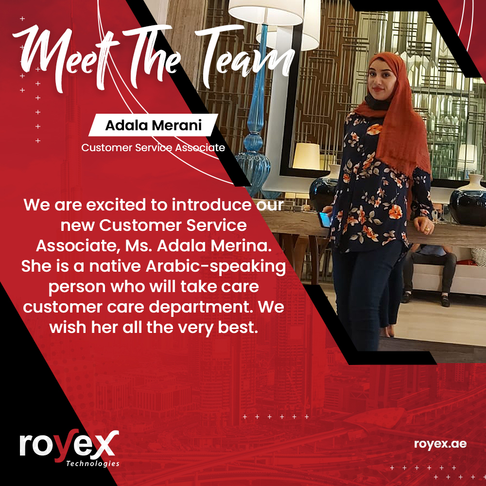 royexnet's tweet photo. Let's introduce our new Customer #Service Associate, Ms. Adala Merani. She has joined our Dubai office. She is a native Arabic-speaking person who will take care customer care department. We wish her all the best very best.
#Dubai #Mydubai #UAE #royex #Dubaiteam #teamroyex https://t.co/jfrJwumrjp