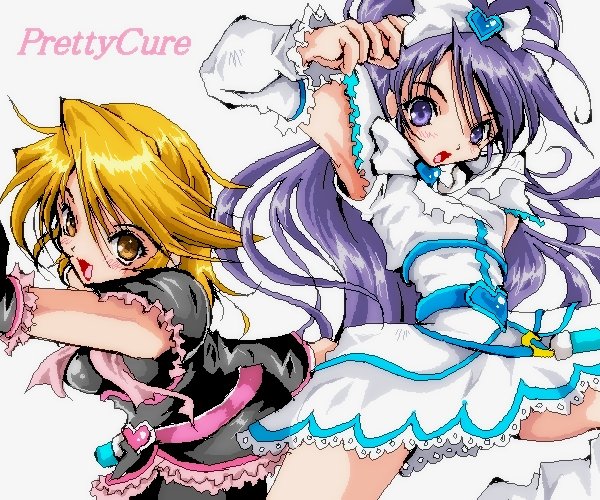 cure black ,cure white ,misumi nagisa ,yukishiro honoka multiple girls 2girls magical girl half updo purple hair long hair short hair  illustration images
