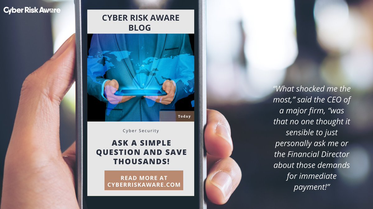 cyberriskaware's tweet photo. Be sure to check out our latest blog “A true story: When hackers go ‘whaling’ they know that most people are too nervous to ask the simplest of questions.” Read full blog: https://t.co/ompdHVlPLi  #BeCyberSafe #realtimetraining #behaviourchange #cyberbehaviour #cybersecurity https://t.co/1f7PIGwXjz