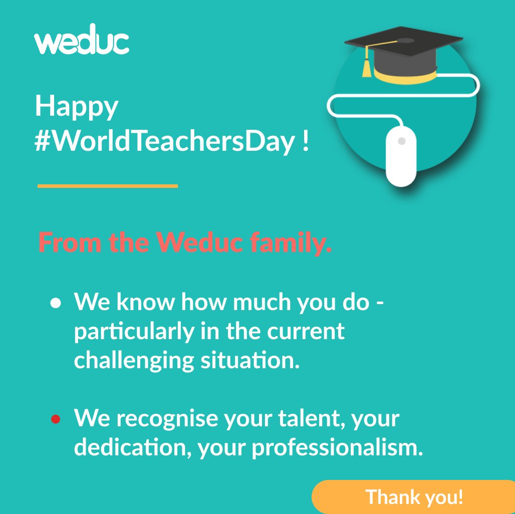 Weduc | ReachMoreParents (@weducuk) on Twitter photo Happy #WorldTeachersDay - a chance to thank all those incredible professionals we work with. We know how hard you work - #respect!
#educhat #edutwitter #thankateacher <a href="/NEUnion/">National Education Union</a> <a href="/ATLUnion/">ATL Section - NEU</a> <a href="/NAHTnews/">NAHT</a> <a href="/ASCL_UK/">ASCL</a> <a href="/NASUWT/">NASUWT</a> Happy #WorldTeachersDay - a chance to thank all those incredible professionals we work with. We know how hard you work - #respect!
#educhat #edutwitter #thankateacher <a href="/NEUnion/">National Education Union</a> <a href="/ATLUnion/">ATL Section - NEU</a> <a href="/NAHTnews/">NAHT</a> <a href="/ASCL_UK/">ASCL</a> <a href="/NASUWT/">NASUWT</a>