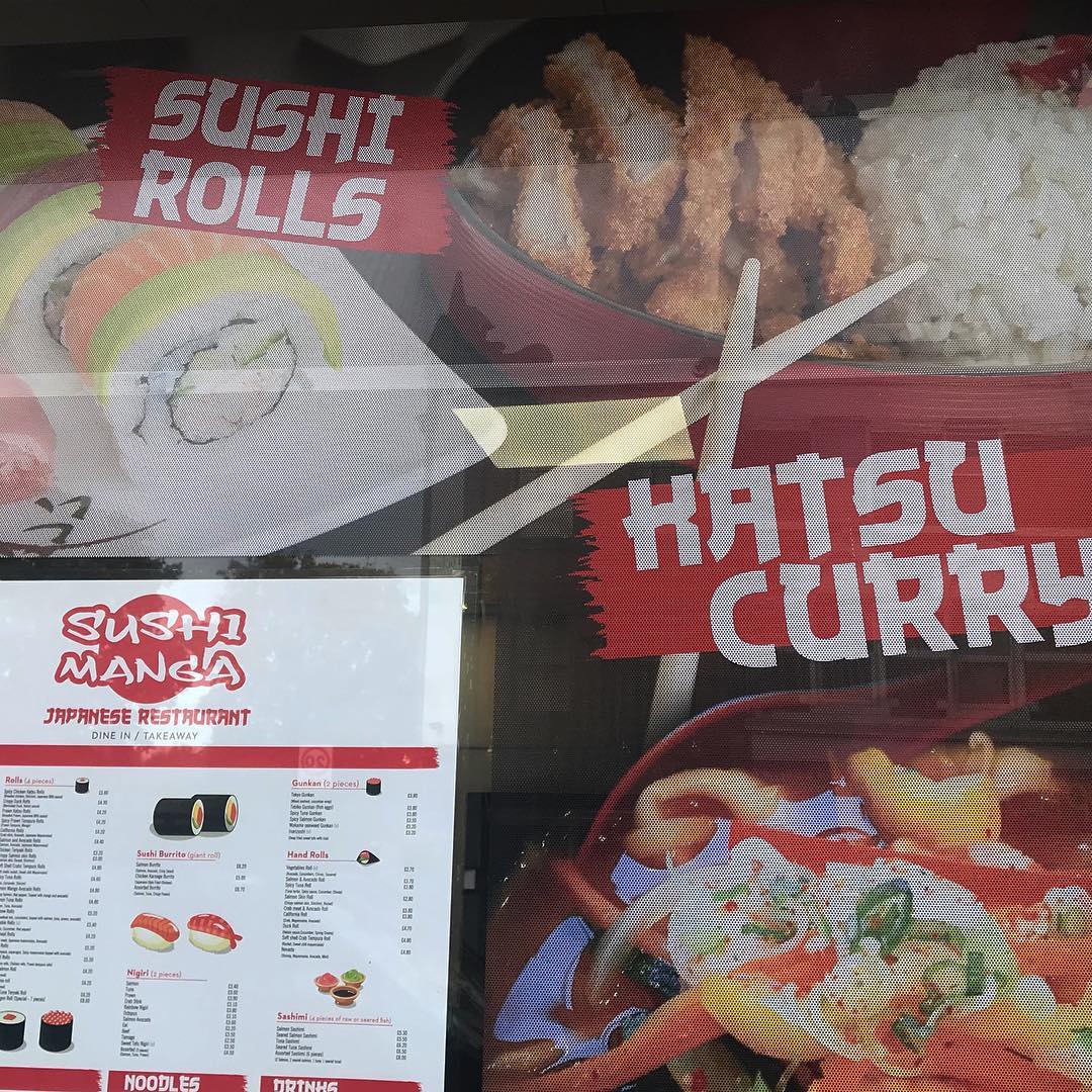 FiveFishltd's tweet photo. Sushi manga’s perforated window film installed this morning. All ready for this evening service 😁🥡🍱 #fivefish #thefrostedfilmcompany #sushi #sushimanga #contravision #signage #perforatedfilm #contravision https://t.co/adZhIA63kP