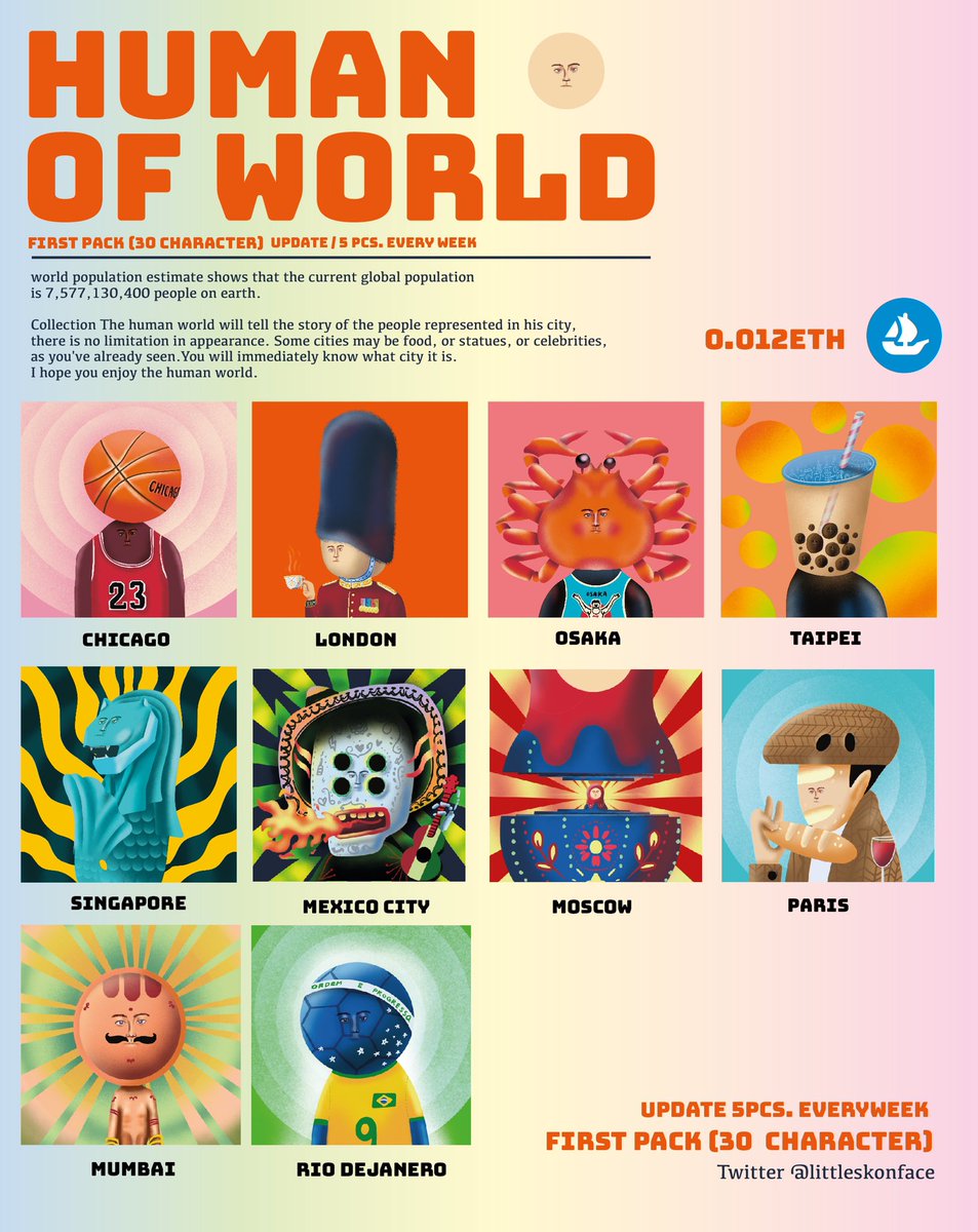 littleskonface's tweet image. NEW DROP !!
New Collection HUMAN OF WORLD @opensea 
The human world will tell the story of the people represent in his city 
opensea.io/collection/hum…
Roadmap
First Pack (30 Character)
0.012 ETH
1/1 edition
undate new character every week (5 Pcs.)
#nfts #nftcollectors  #NFTartist