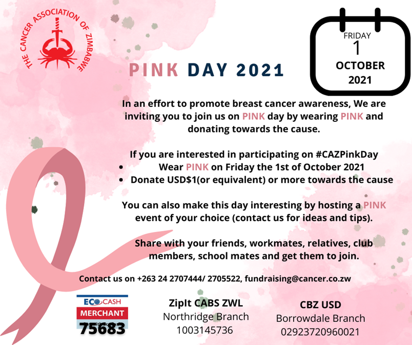 Peterhouse Supports Breast Cancer Awareness Month Recently we have been discussing the importance of Pink Day with our pupils. If you would like to support The Cancer Association of Zimbabwe, contact them on fundraising@cancer.co.zw or on +263 242707444/2705522.