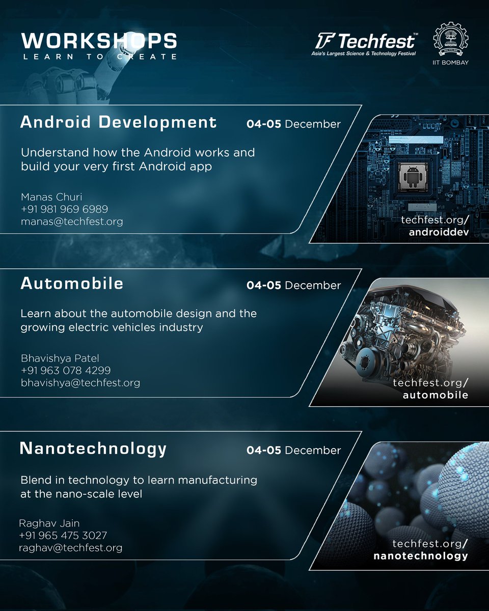 Techfest_IITB's tweet image. 𝗧𝗲𝗰𝗵𝗳𝗲𝘀𝘁'𝘀 𝗪𝗼𝗿𝗸𝘀𝗵𝗼𝗽𝘀 are here! #LearnToCreate
Register today!
Android Development: techfest.org/androiddev
Automobile: techfest.org/automobile
Nanotechnology: techfest.org/nanotechnology
#AndroidDev #Automobile #nanotech #tech #workshop #engineer #androidbasics