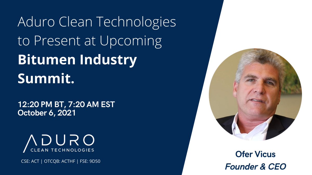 AduroCleanTech's tweet photo. Announcement: Aduro Clean Technologies to present at upcoming Bitumen Industry Summit. Full news release: https://t.co/wYfI6KePW9
#cleantech #bitumen #renewable #hydrochemolytic #ACT $ACT #ACTHF $ACTHF #9D50 https://t.co/yFbBjX3Bdd