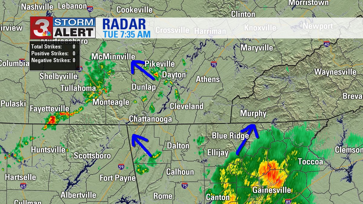 Local3Weather's tweet photo. RADAR CHECK (7:35AM ET):  Showers are isolated now. Each one small in size, but producing brief heavy rainfall. General movement to the NW. The large area of rain to the southeast of Ellijay will clip Gilmer, Fannin, &amp; Cherokee Counties over the next hour as it moves NE. https://t.co/fjO9b8JgqB