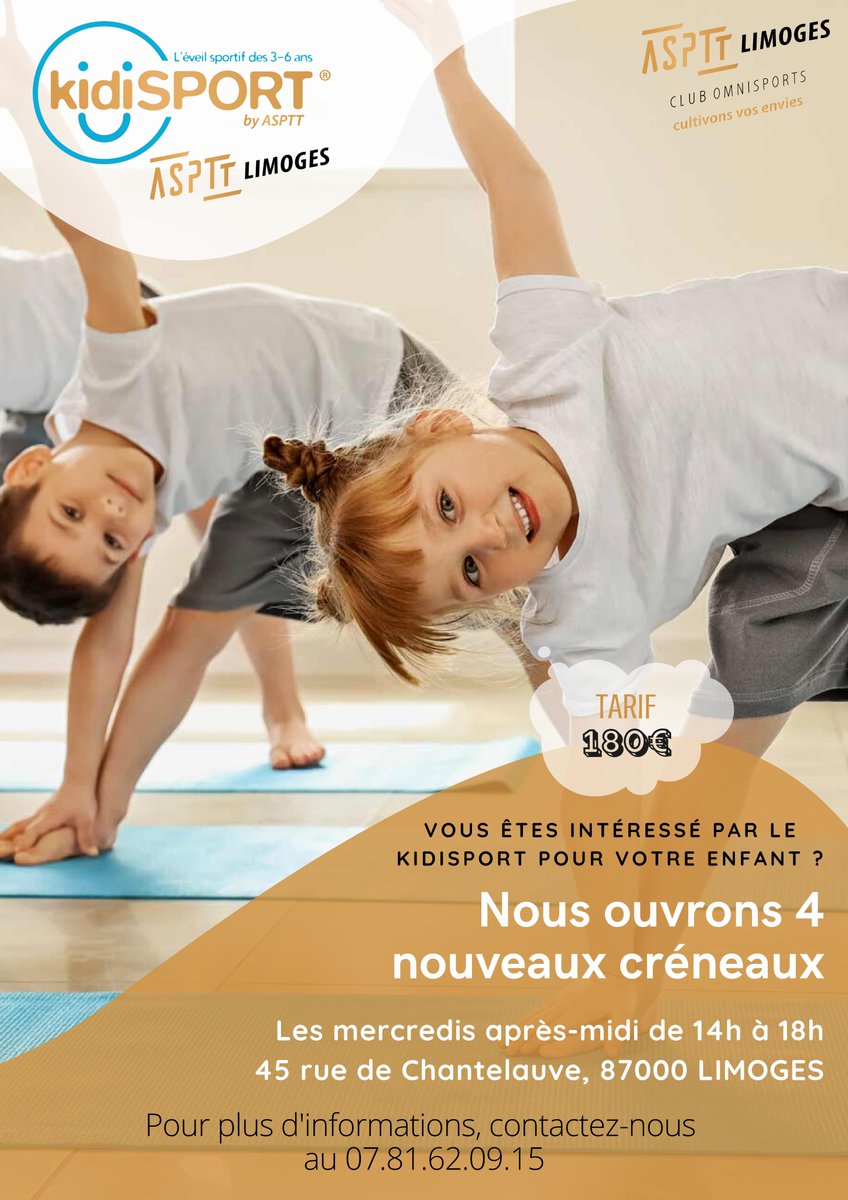 Votre enfant n'est toujours pas inscrit au Kidisport ? 

Nous ouvrons 4 nouveaux créneaux les mercredis après-midi de 14h à 18h, au 45 rue de Chantelauve à Limoges.

N'attendez plus !