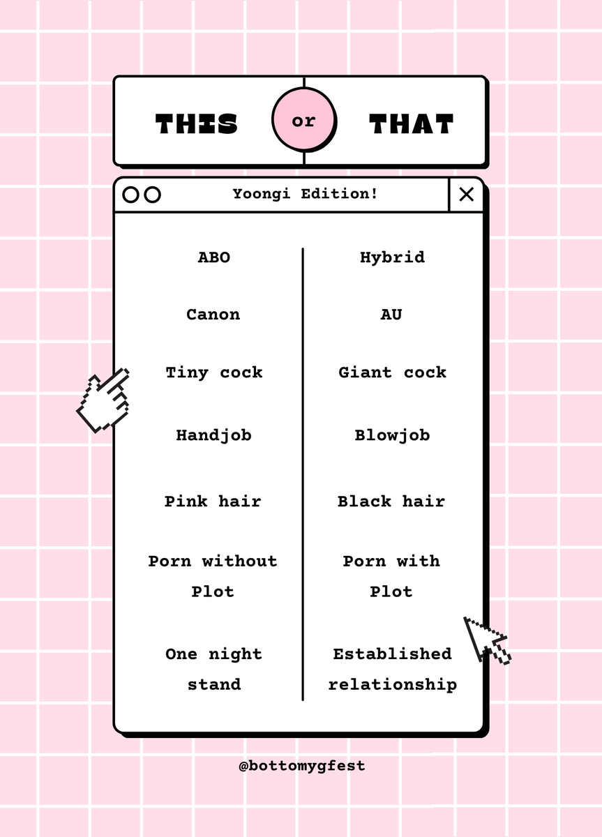 bottomygfest's tweet photo. To celebrate our prompting opening, we've prepared a little this or that game - bottom Yoongi edition! QRT with your choices 💘💘💘 https://t.co/GKq5BloEL6