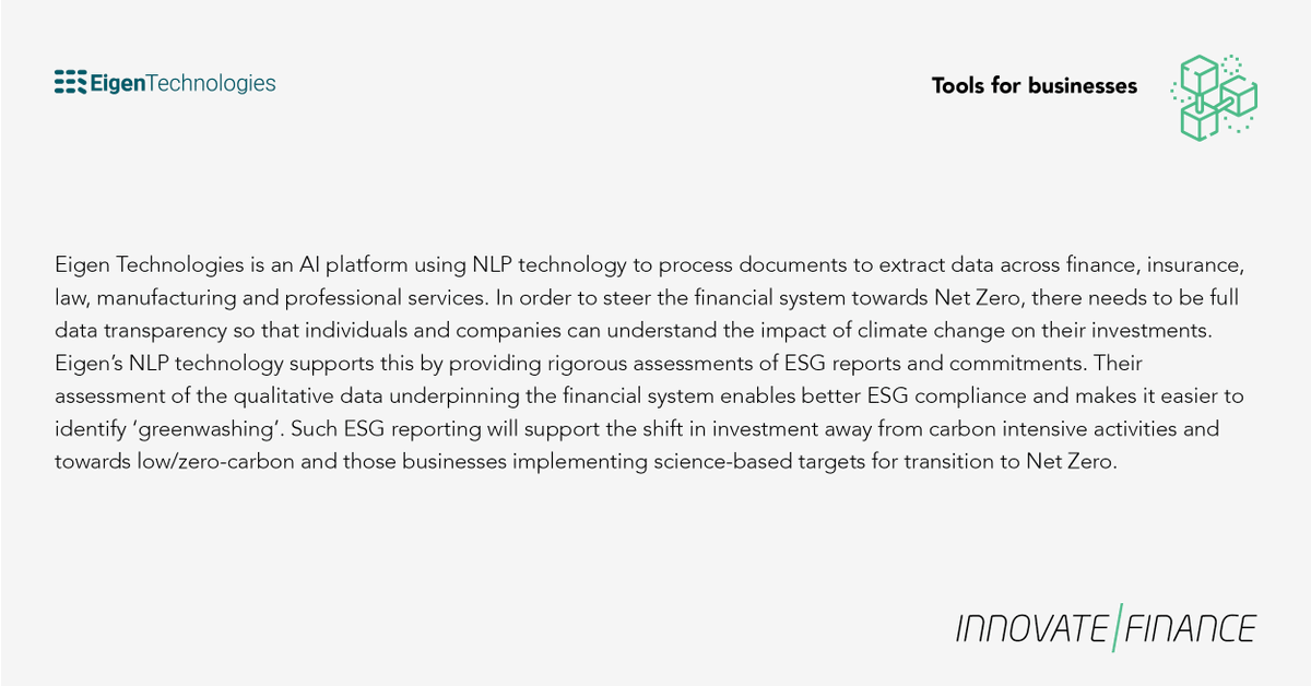 InnFin's tweet photo. FinTechs are providing businesses with tools to tackle climate change.
💡Innovate Finance member @Eigen_Tech uses NLP technology to assess ESG reporting.
💡Learn more about sustainable #FinTech solutions at our #FinTechForGood Forum next week
Register:https://t.co/Z0hFfc1Qan https://t.co/gwdajxAE6w