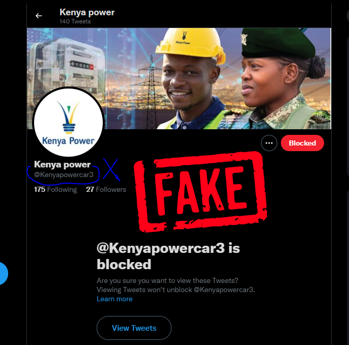 KenyaPower_Care's tweet photo. Tweeps beware! The following account is fake and does not represent Kenya Power or its interests. Please do not treat any information from this account as factual or true. https://t.co/8FTKMjzdWA