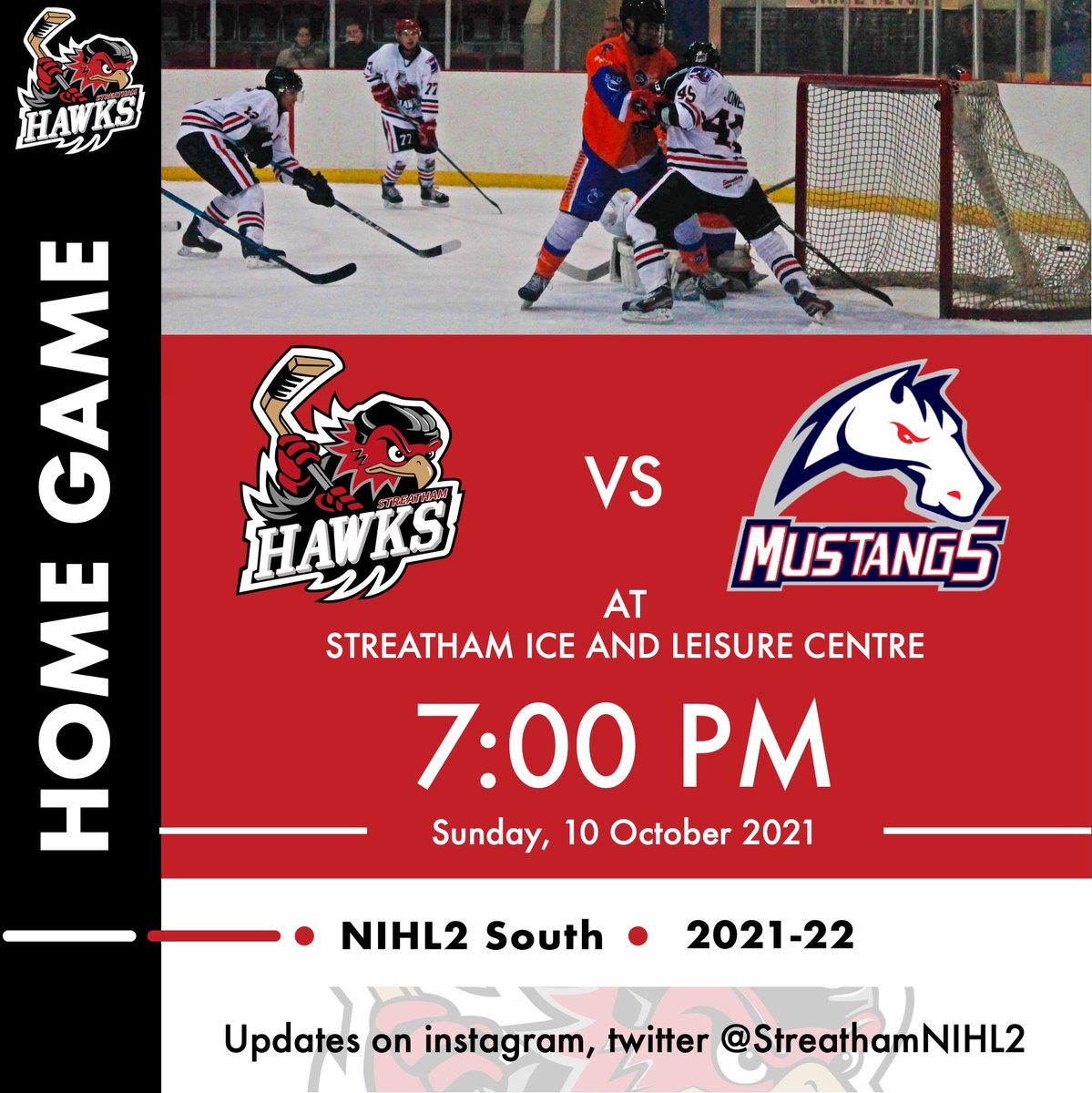 FIRST HOME GAME OF THE SEASON! 🏒

The Streatham Black Hawks take on the Invicta Mustangs this Sunday at 7pm, at the Streatham Ice and Leisure Centre.

Entry is £5 for adults, £2 for children. See you there!
#HawksHockey #NIHL2 #Hockey #Streatham
