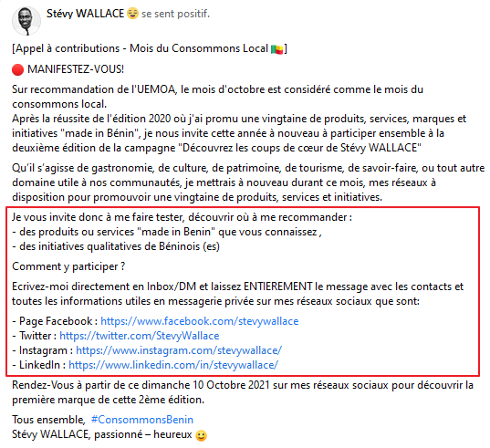 StevyWallace's tweet photo. [Appel à contributions - Mois du Consommons Local 🇧🇯] 
Vous Connaissez: 
- des produits, services "Made in Benin"
- des initiatives de Béninois (es) à valoriser 
🔴 MANIFESTEZ-VOUS en DM! pour la 2ème édition de la campagne "Coup de cœur de Stévy WALLACE"
#ConsommonsBenin #wasexo https://t.co/m7GeiiOjPd