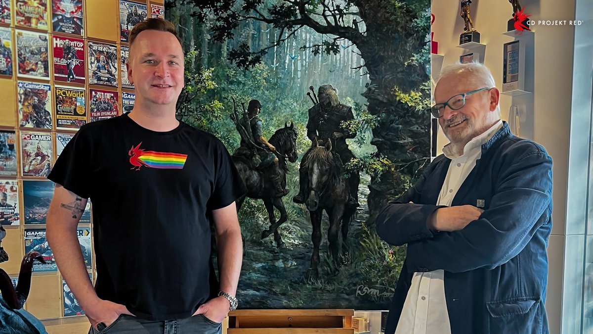 CDPROJEKTRED's tweet photo. Yesterday, Grzegorz Rosiński visited our office to present us with an exceptional gift — a painting of Geralt meeting Thorgal. Mr. Rosiński also took part in a Q&amp;A session where he talked about the creative process of illustrating one of Europe’s most beloved comic book series. https://t.co/2qBKmD5UxQ