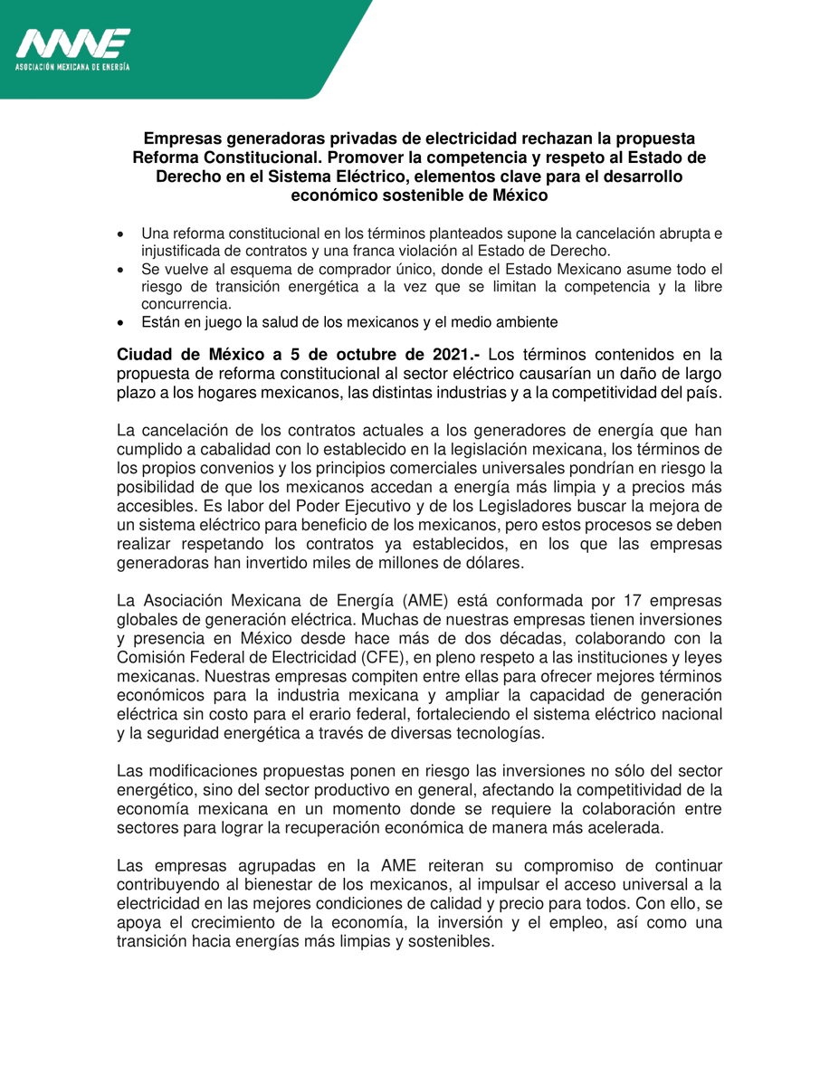 AME_Energia's tweet photo. #Comunicado |  La #AME comparte su postura sobre la iniciativa de reforma constitucional en materia eléctrica https://t.co/3X7EgtcSQD