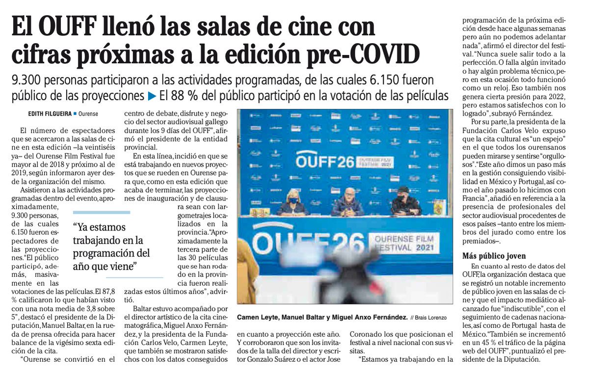 DeputacionOU's tweet photo. 🗞 @FaroOurense "El #26OUFF llenó las salas de cine con cifras próximas a la edición pre-COVID @OurenseFilmFest"
9.300 personas participaron a las actividades programadas, de las cuales 6.150 fueron público de las proyecciones
https://t.co/EKWkBILtxv https://t.co/i8dhdujXBi