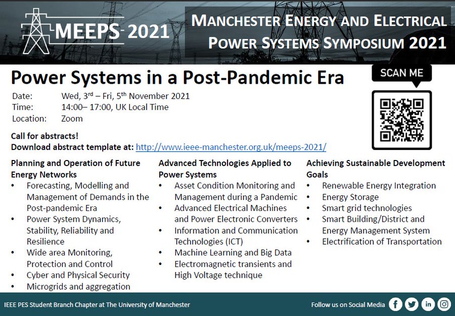 MEEPS-2021 here we go again! 😃
We are glad to be part of this simposion, which is a tradition of the @IEEE_PES_SB_UOM . JJoin us in addressing how will be "Power Systems in a Post-Pandemic Era." 
<a href="/OfficialUoM/">The University of Manchester</a> <a href="/IEEE_PES_UKRI/">IEEE PES UKRI</a> <a href="/IEEEWIE_UK/">IEEE WIE UKI</a> <a href="/ieee_pes/">IEEE Power & Energy Society</a> <a href="/ieee_wip_pes/">IEEE PES Women In Power</a>