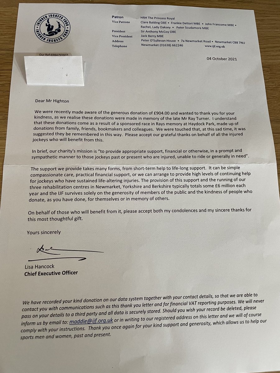 GHighton's tweet photo. ⁦@Lordsofthering1⁩ Thanks for the donations in memory of Ray. I’ve received this letter off ⁦@IJF_official⁩ who are very grateful Congratulations to ⁦@PKirbyRacing⁩ and Stargazer!Finally thanks to Liz Jacob ⁦@haydockraces⁩ who helped make it a great day https://t.co/GsI48g6tqG