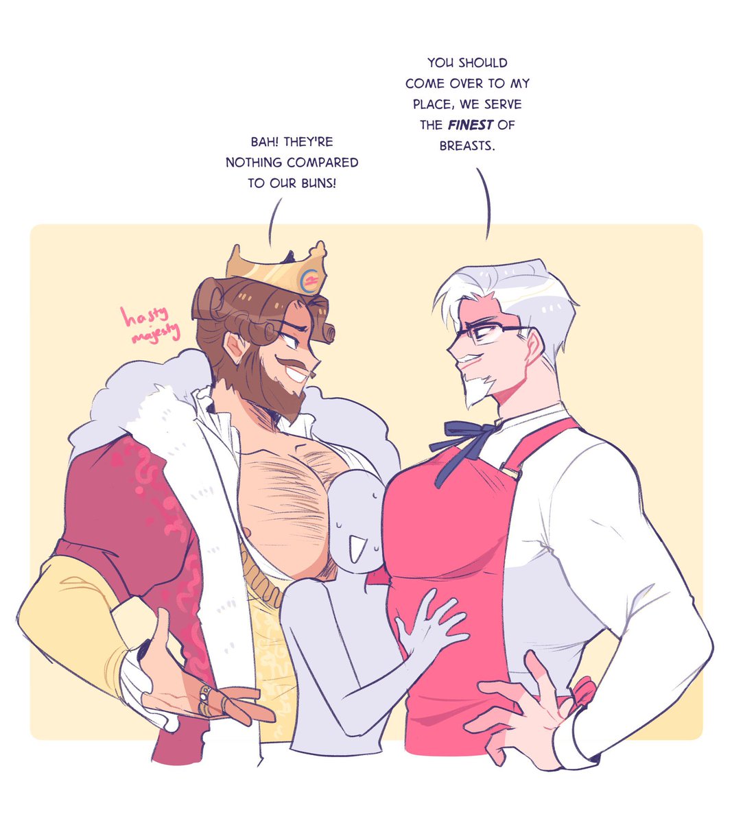 || You know what would be funny? Someone making Burger King account so I can ship with KFC’s Colonel Sanders. Based of this art of course.

Art by hastymajesty