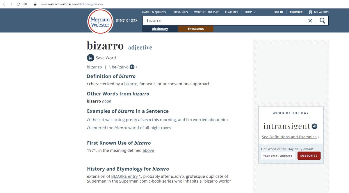 Bizarro is a word. It’s an extension of bizarre. And bizarreness is the noun form of bizarre. So, why isn’t bizarroness a word by mirroring an extension? Well, because bizarro started life as both a noun and adjective. merriam-webster.com/dictionary/biz…
