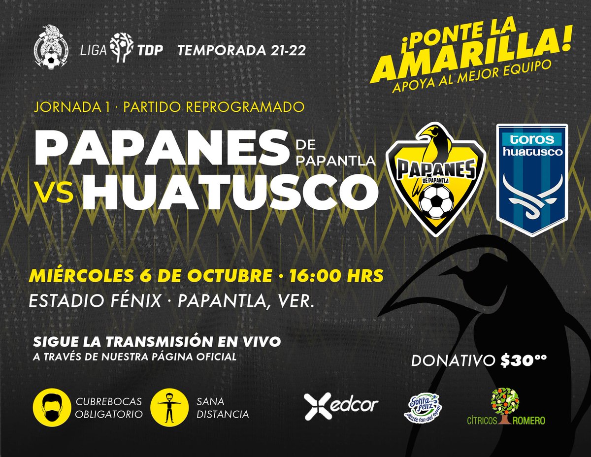 MIERCOLES!!! ESTE MIERCOLES!!!⚽️💙💛 Te esperamos en nuestro nido para apoyar al equipo de Casa, el vuelo de los papanes de Papantla ya inició! No olvides ponerte la amarilla para apoyarnos💛😏
Miércoles cuatro de la tarde estadio Fenix Solidaridad🥳💙🙉⚽️