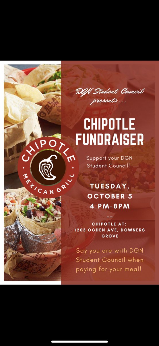 Come join us at Chipotle tonight for our annual fundraiser! Please mention you are with student council and show our flyer. You can also use this code: DRN6FER if you want to order in advance! Thanks for your support!