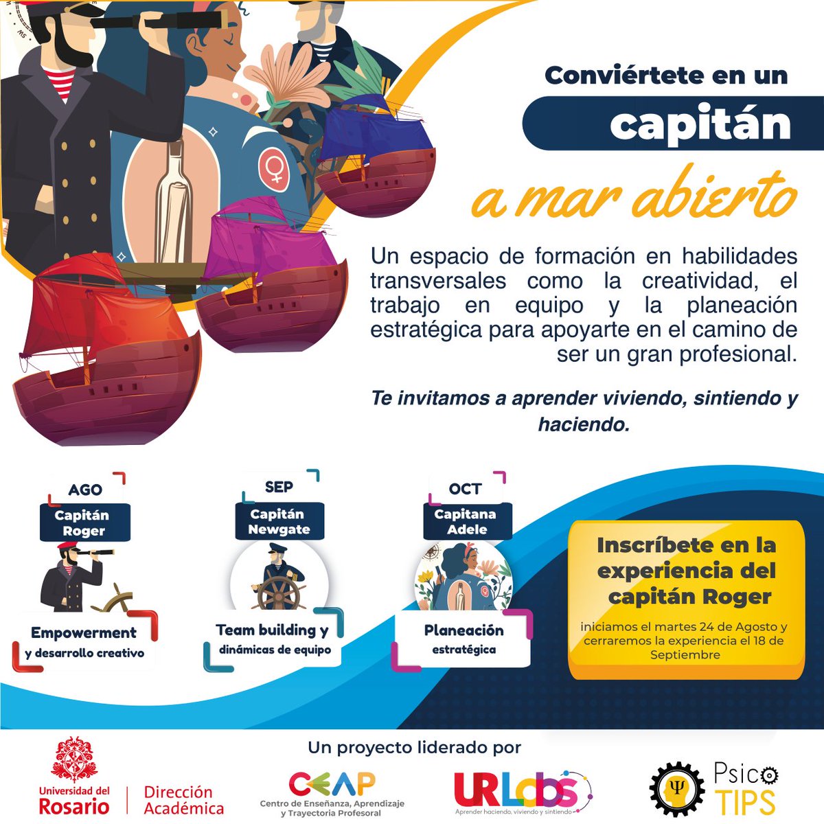 ICT_URosario's tweet photo. ¡Conviértete en un capitán a mar abierto y fortalece en este segundo módulo el trabajo y dinámica en equipo!
Una actividad sin igual organizada por #URLABS @urosario y @SoyPsicoTips
Inscripción en: https://t.co/bLi1VhjDT7 https://t.co/gSRrEbRuuV