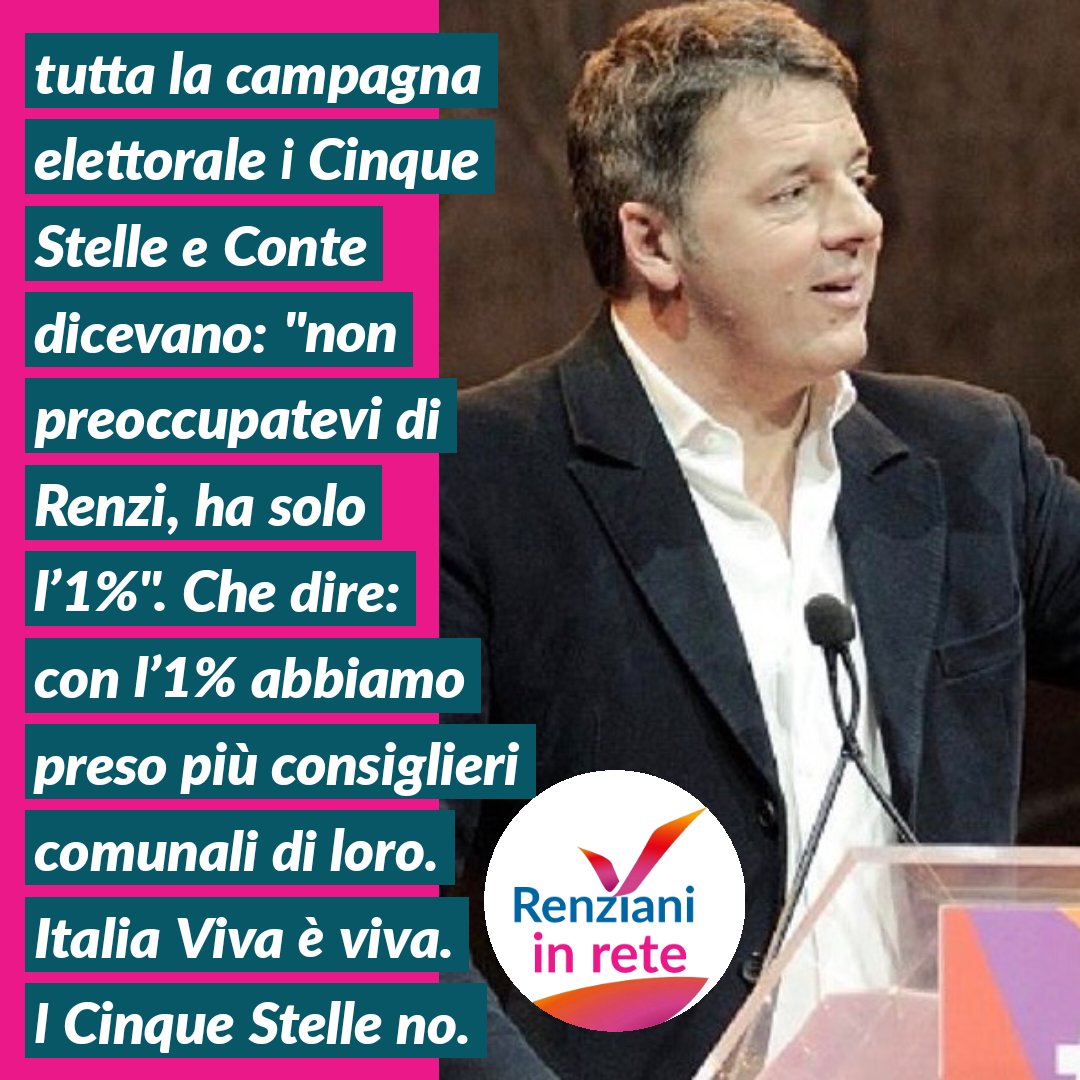 tutta la campagna elettorale i Cinque Stelle e #Conte dicevano: "non preoccupatevi di #Renzi, ha solo l’1%". Che dire: con l’1% abbiamo preso più consiglieri comunali di loro. #ItaliaViva è viva. I Cinque Stelle no.
<a href="/matteorenzi/">Matteo Renzi</a>