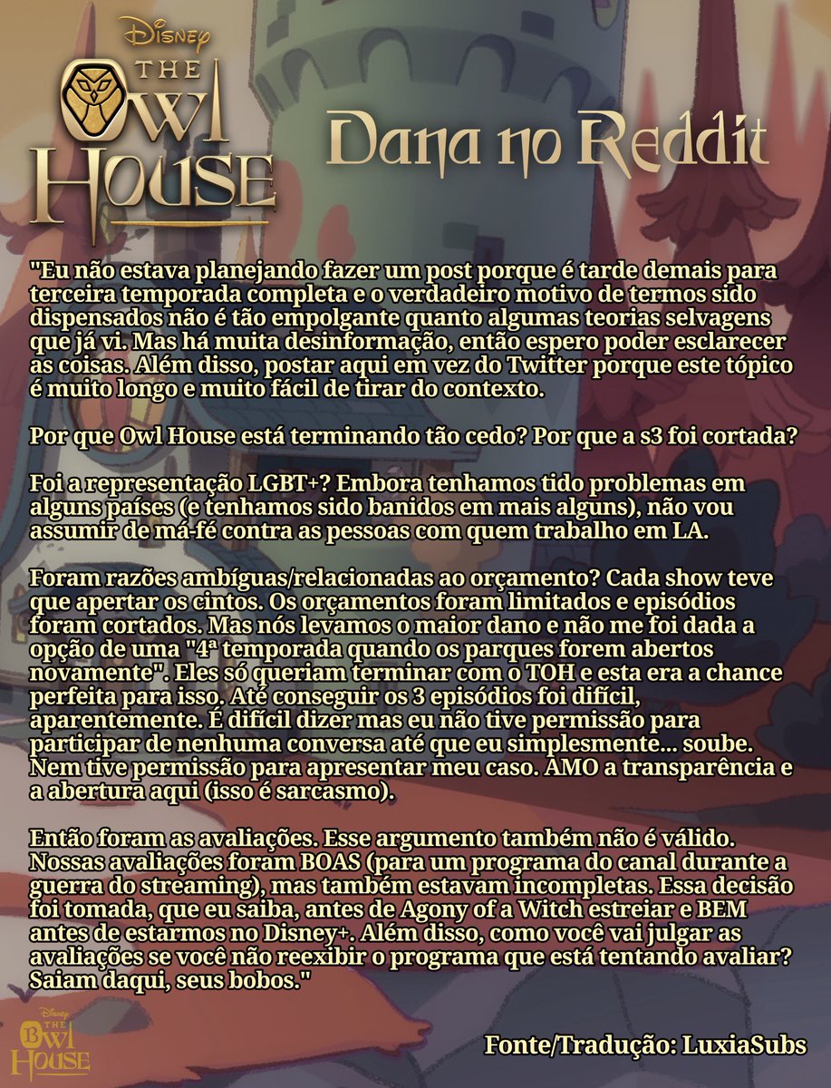 TheOwlHouseB's tweet photo. 🚨 ATENÇÃO 🚨
Dana postou no Reddit oficial de The Owl House visando amenizar a desinformação que vem rolando sobre a 3ª Temporada. https://t.co/nWbO1hTS6t