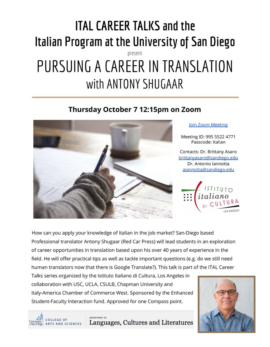 Join us Thurs. Oct.  7th at 12:15PM PST for Anthony Shugaar’s talk on “Pursuing a Career in Translation”
Meeting ID: 995 5522 4771
Passcode: Italian

#graziadiocenter #rgrll #csulb #chapmanuniversity #usc #ucla #uofsandiego #translationstudies #donatocenter