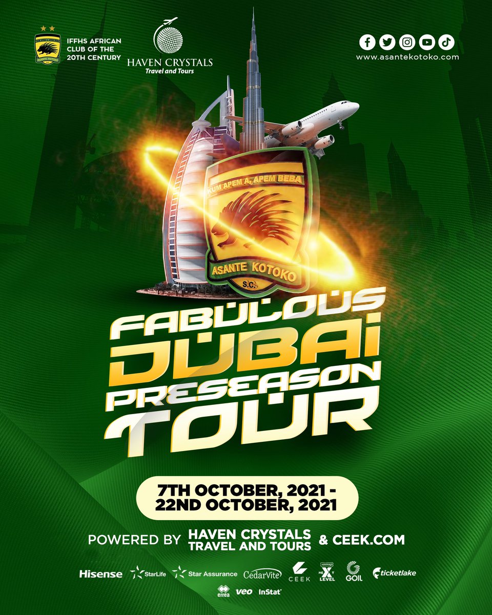 AsanteKotoko_SC's tweet photo. #Dubai2021 

We fly ✈️to the United Arab Emirates 🇦🇪 on Thursday for #Preseason21 tour in the lively city of Dubai between 7th - 22nd October 2021.

Watch Out for High Profile 𝒇𝒓𝒊𝒆𝒏𝒅𝒍𝒚 𝒎𝒂𝒕𝒄𝒉𝒆𝒔 to be telecasted 𝑳𝑰𝑽𝑬 on https://t.co/YwBVUrd1aQ for a cool fee 😋 https://t.co/pfV7xrqcb6