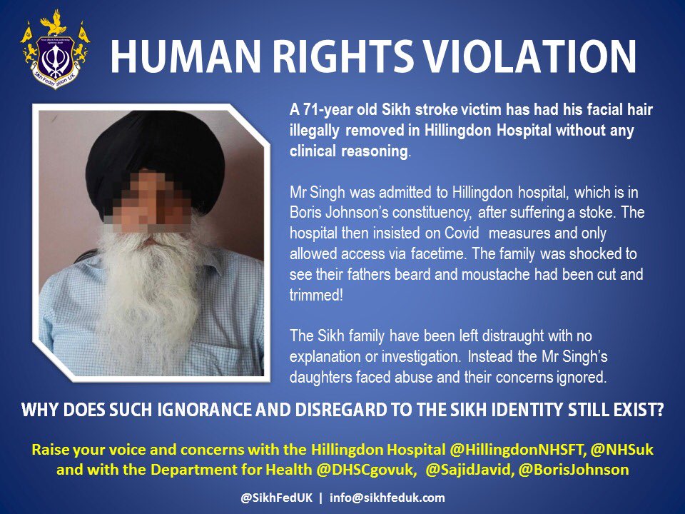UPDATE: Sikh (71) stroke victim who had facial hair illegally removed in hospital without clinical reasoning: CEO of <a href="/HillingdonNHSFT/">The Hillingdon Hospitals</a> replies to SFUK letter with apology &amp; calls for full investigation. Family raise formal complaint referring to racism, ignorance &amp; insensitivity.