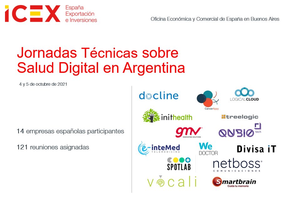 ICEXArgentina's tweet image. La Misión Comercial ha resultado un éxito con la asignación de 1⃣2⃣1⃣ reuniones para las 1⃣4⃣ empresas 🇪🇸

@cancerappy @divisait @Docline_ @infoGMV_es @inithealth @IntemedE @logicalcloudcb #Netboss @qubio @SmartbrainPro @Spotlab__ @treelogic @Vocalinet @we_doctor

🧵 (3/3)
