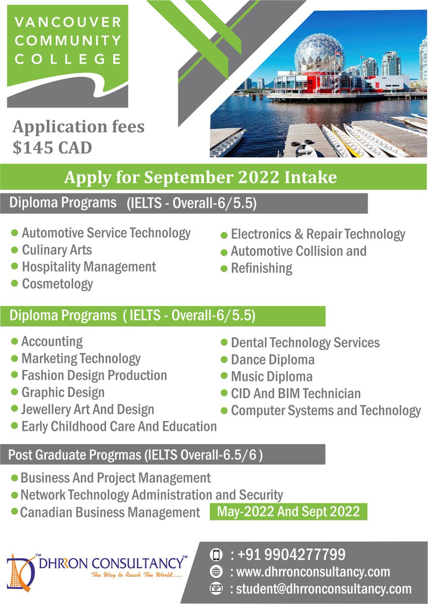 Dhrron's tweet photo. Vancouver Community College is one of the largest government-accredited colleges in Canada also get chance to Develop job-ready and academic skills that can be applied in the real world
To get admission, Call: 9904277799 https://t.co/MYLx3Q8QJH